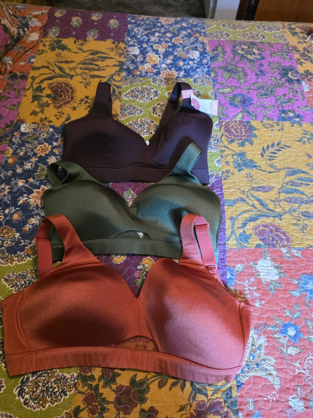 Cacique Wireless Smooth Bra Set in Brick Rusty Red, Olive Green & Deep Brown.